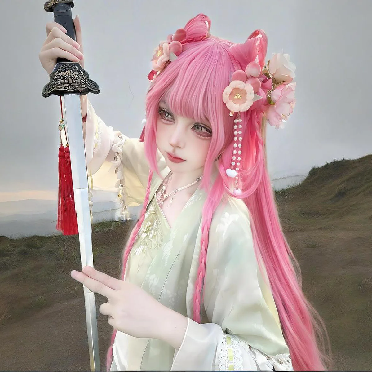 GG Bond Li Huashi コスプレウィッグ、ピンクのロングストレートヘア 70cm エクストラロングフルウィッグ 人間化されたキャラクター