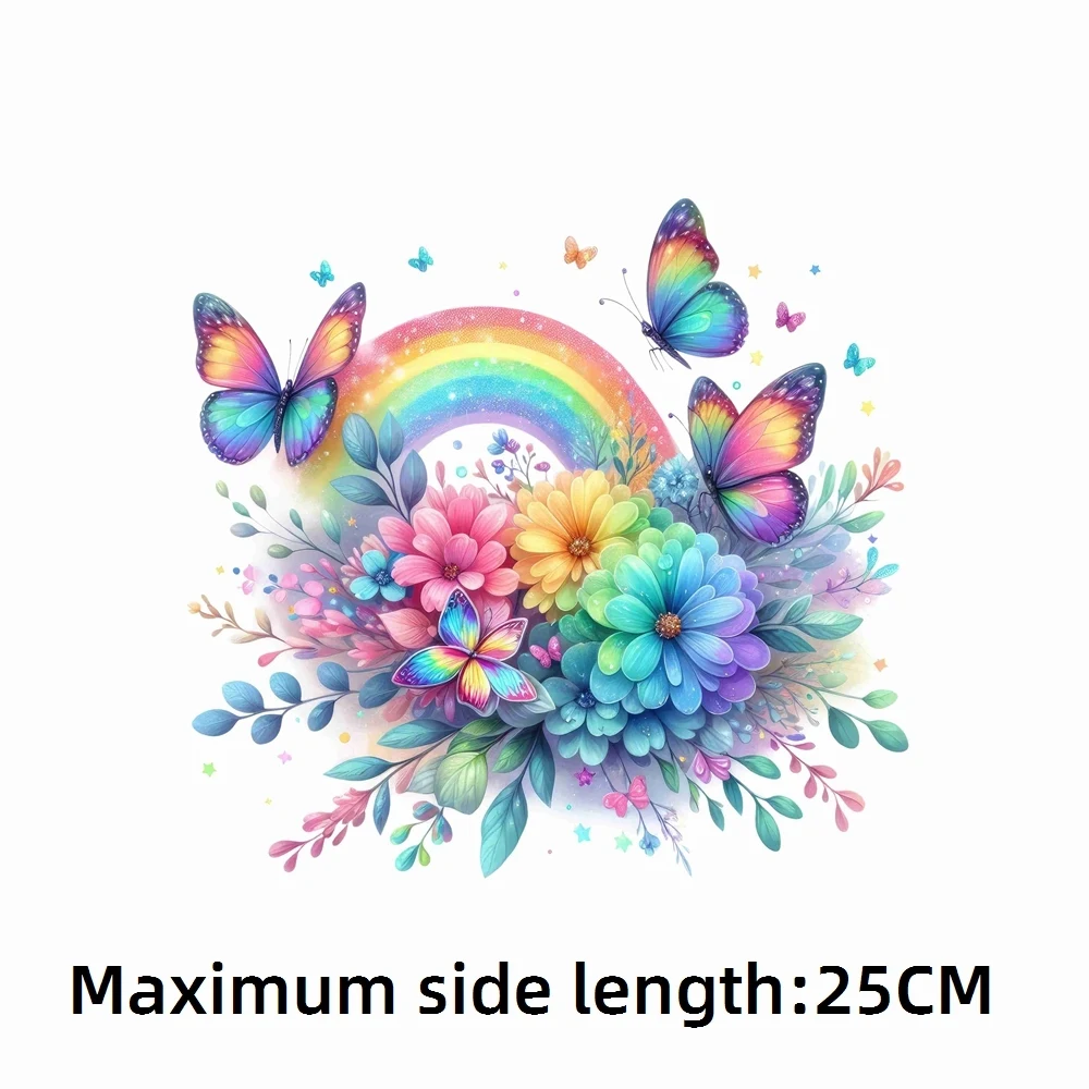 25cm Rainbow Colorful Flower Butterfly Iron-On Transfers Sticker For T-Shirts DIY Washable Heat Transfer For Clothes Stickers