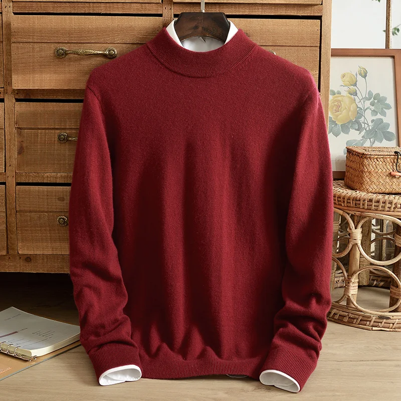 

Men's half turtleneck 100% pure cashmere sweater solid color slim pullover autumn and winter knitted sweater winter middle-aged