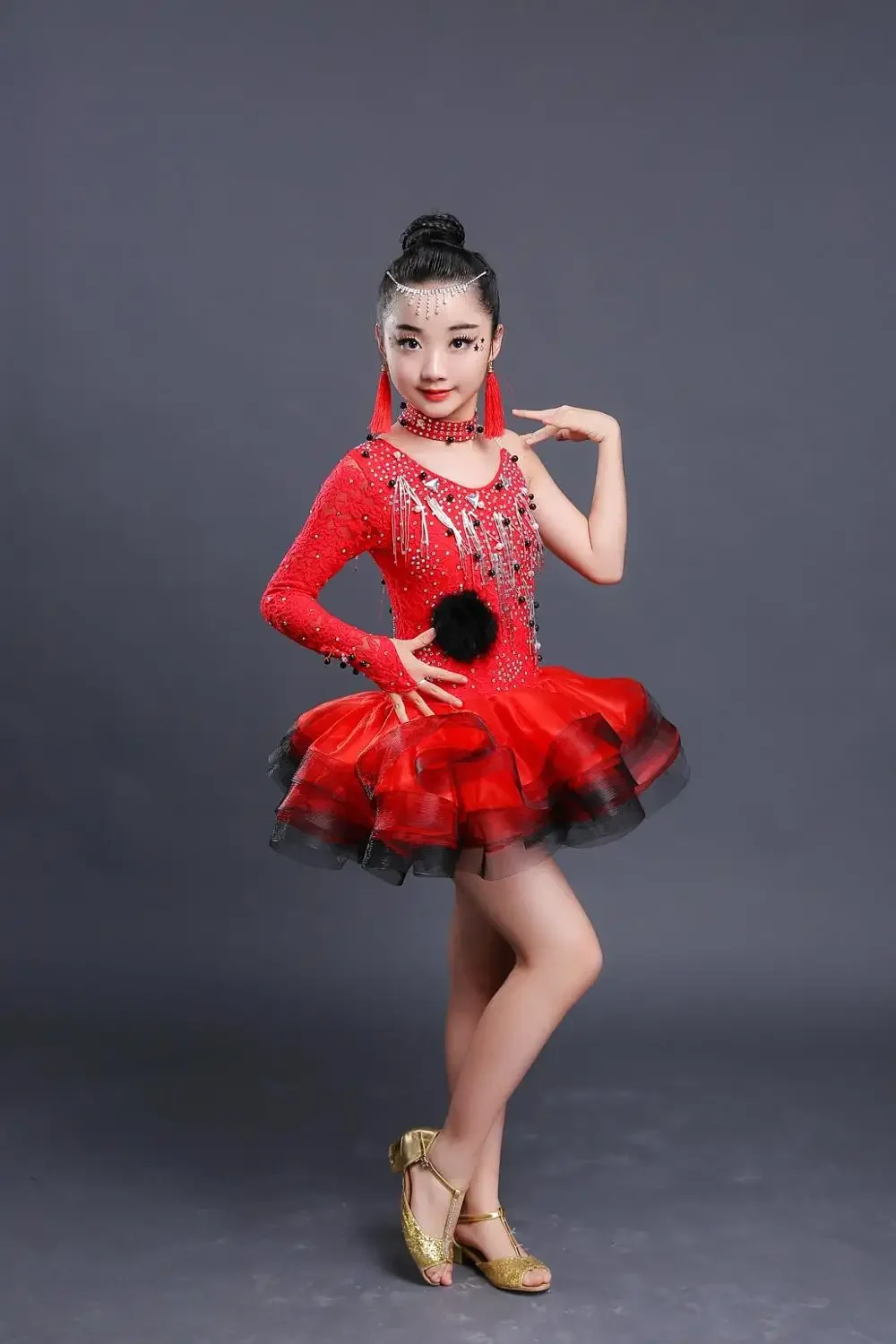 ラテンフラメンコ社交ダンス競技ドレス女の子のためのスパンコールサルサルンバタンゴサンバチャチャドレス子供子供衣装