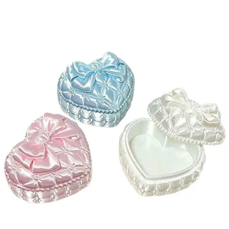 1Pc Portable Silk Heart Shaped Jewelry Box with Bowknot Lightweight Trinket Organizer for Outdoor Vacation Jewelry Carry