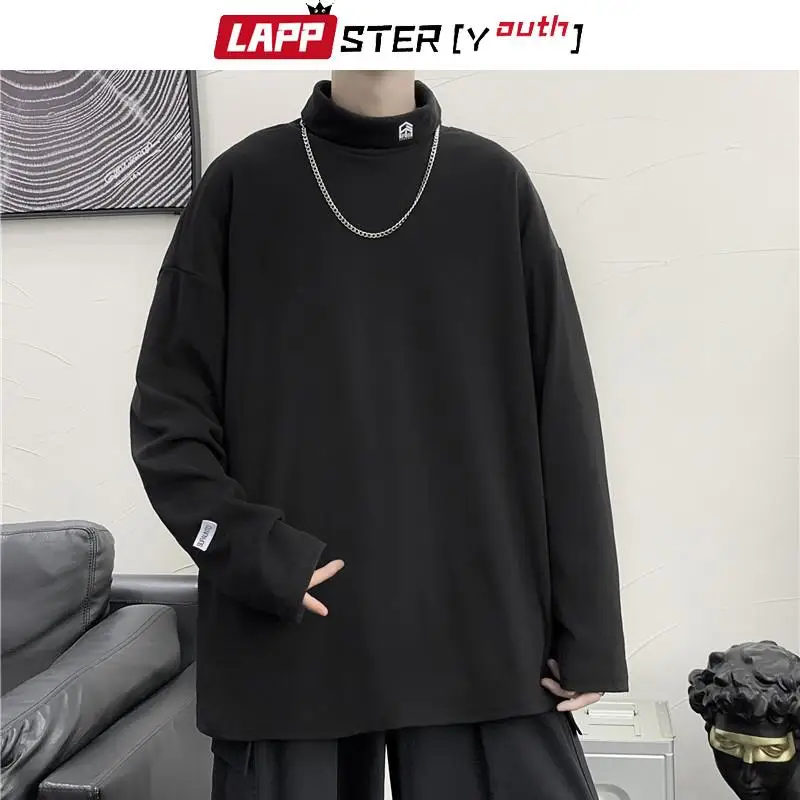 LAPPSTER-Youth Y2k Streetwear Turtleneck Graphic T-shirts 2023 Solid Color Hip Hop Oversized T Shirts Vintage Long Sleeve Tees