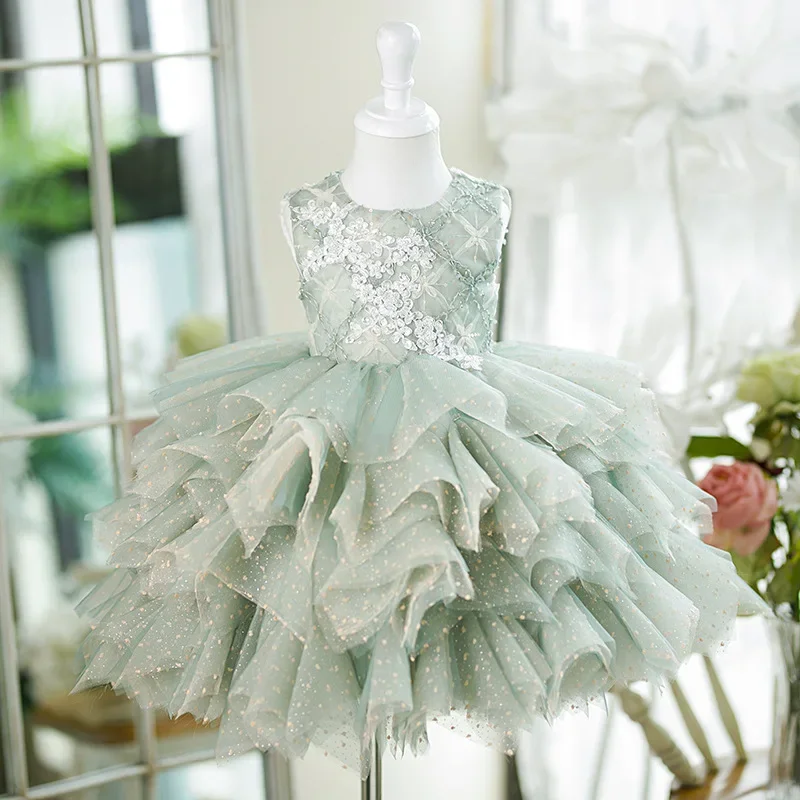 Summer Round Neck Sleeveless Girl Dresses New Tulle Princess Dress Children Girls Elegant Layered Birthday Party Children Frock