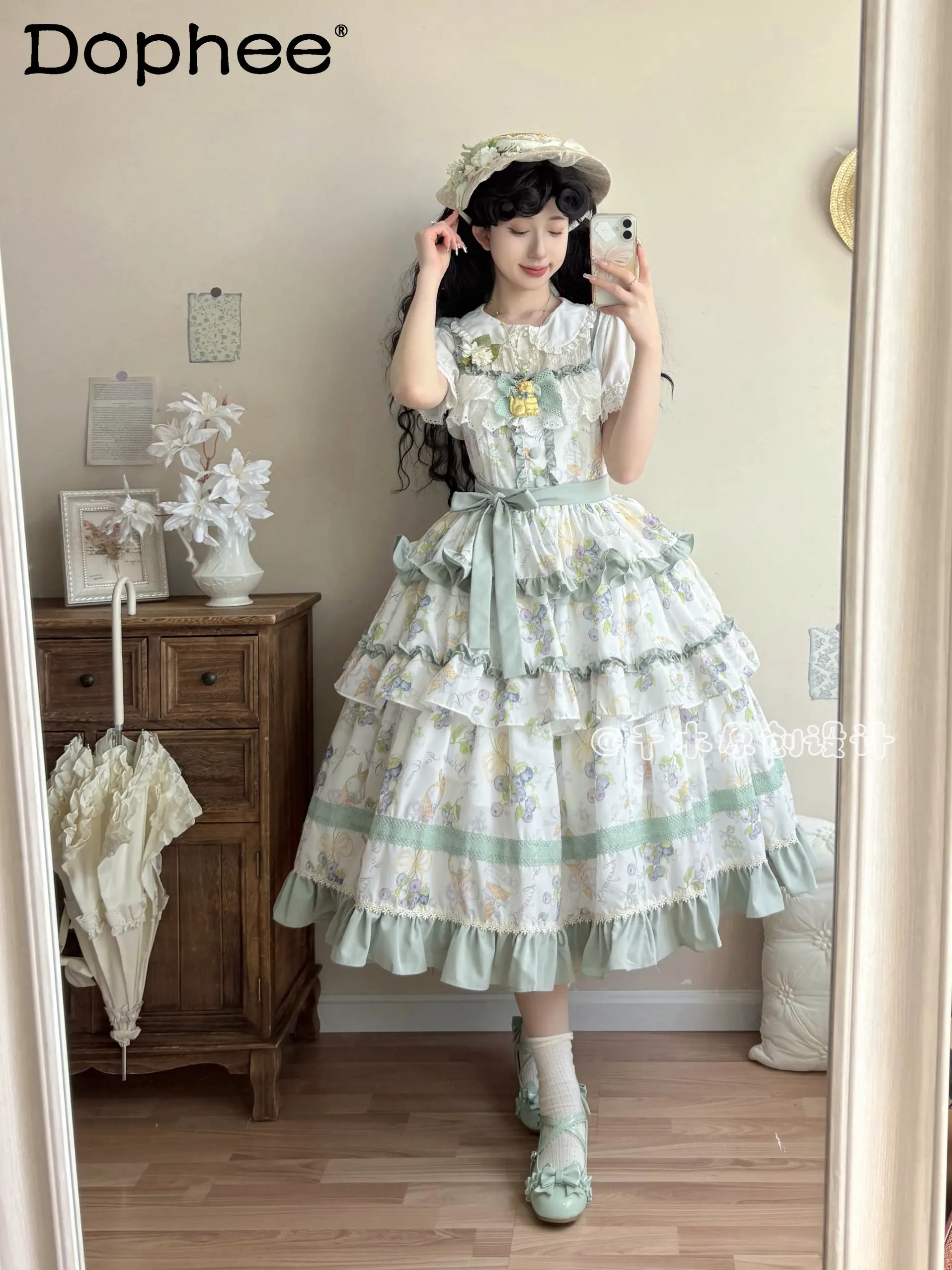 

Japanese Original Idyllic Sweet Cute Lolita Jsk Dress Cartoon Print Doll Feeling High Waist Thin Long Suspender Dress for Women
