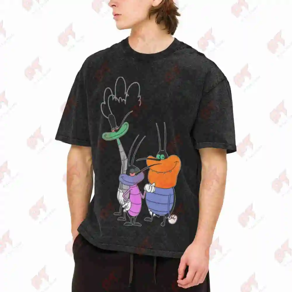 Oggy And The Cockroaches Harajuku Retro Vintage Washed Tee Pure Cotton T-Shirt