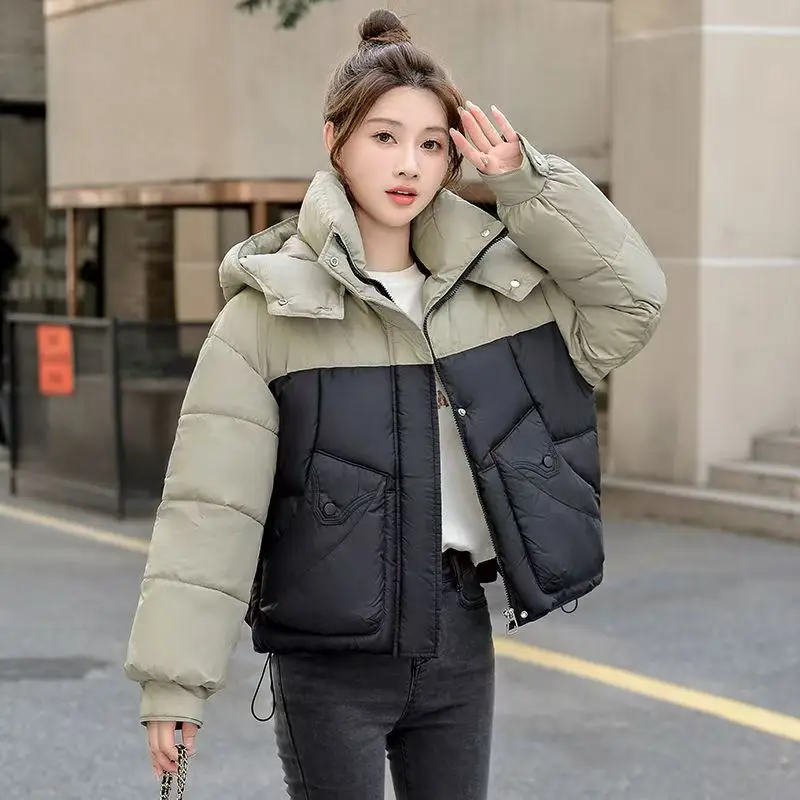 New Thickened Hooded Down In Autumn Winter Of 2024 Cotton-padded Jacket Women's Loose Slim Fashion Contrast Stitching Bread Coat