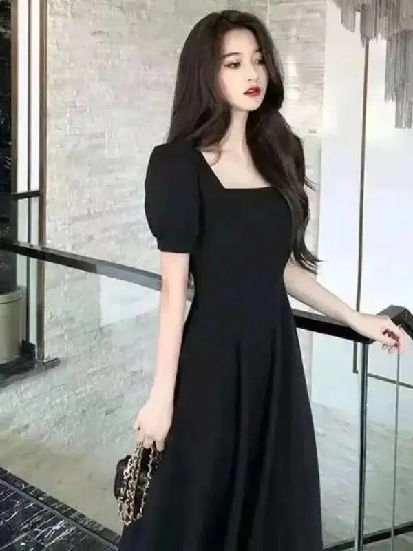 슬림핏 여성 화이트 드레스 버블 슬리브 스퀘어 넥 라이트 윈드 스타일 롱 스커트 여름 캐주얼 한국 스타일 FPXO