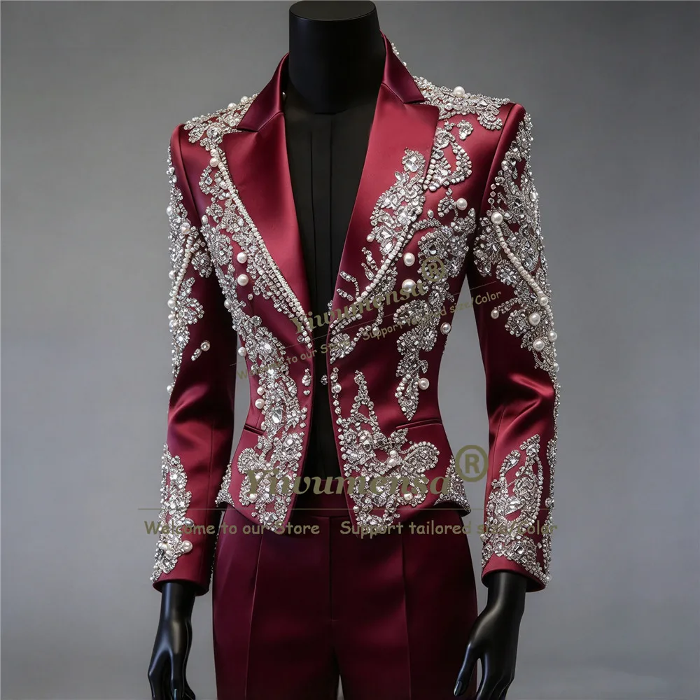 Elegant Gothic Suit Men For Wedding Sparkly Crystals Beaded Satin Prom Blazer With Pants 2 Piece Sets Groom Tuxedo Customized