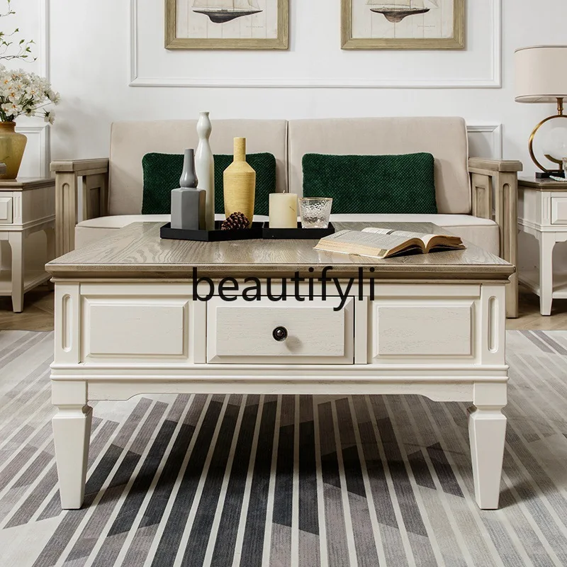 

Квадратный журнальный столик в американском стиле, средиземноморский журнальный столик из чистого массива дерева, маленькая квартира, гостиная, винтажный журнальный чайный столик