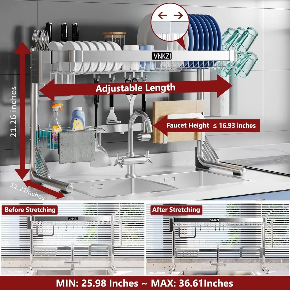 VNKZI Over Sink Dish Drainer Drying Rack, 2 Tier Full Stainless Steel Storage Adjustable Length (25.98'' to 36.61'') Kitchen Rac