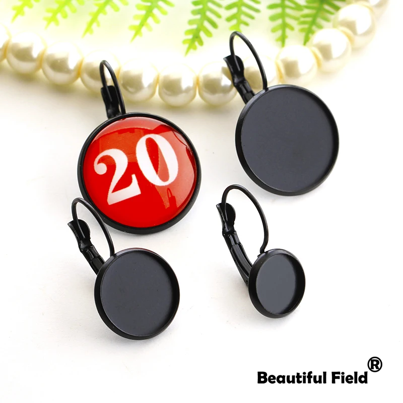 10pcs Fit 10mm 12mm 14mm 18mm 20mm Cabochons Earring Hooks Ear Setting Black Color Plated Round Cameo Base Blank Tray