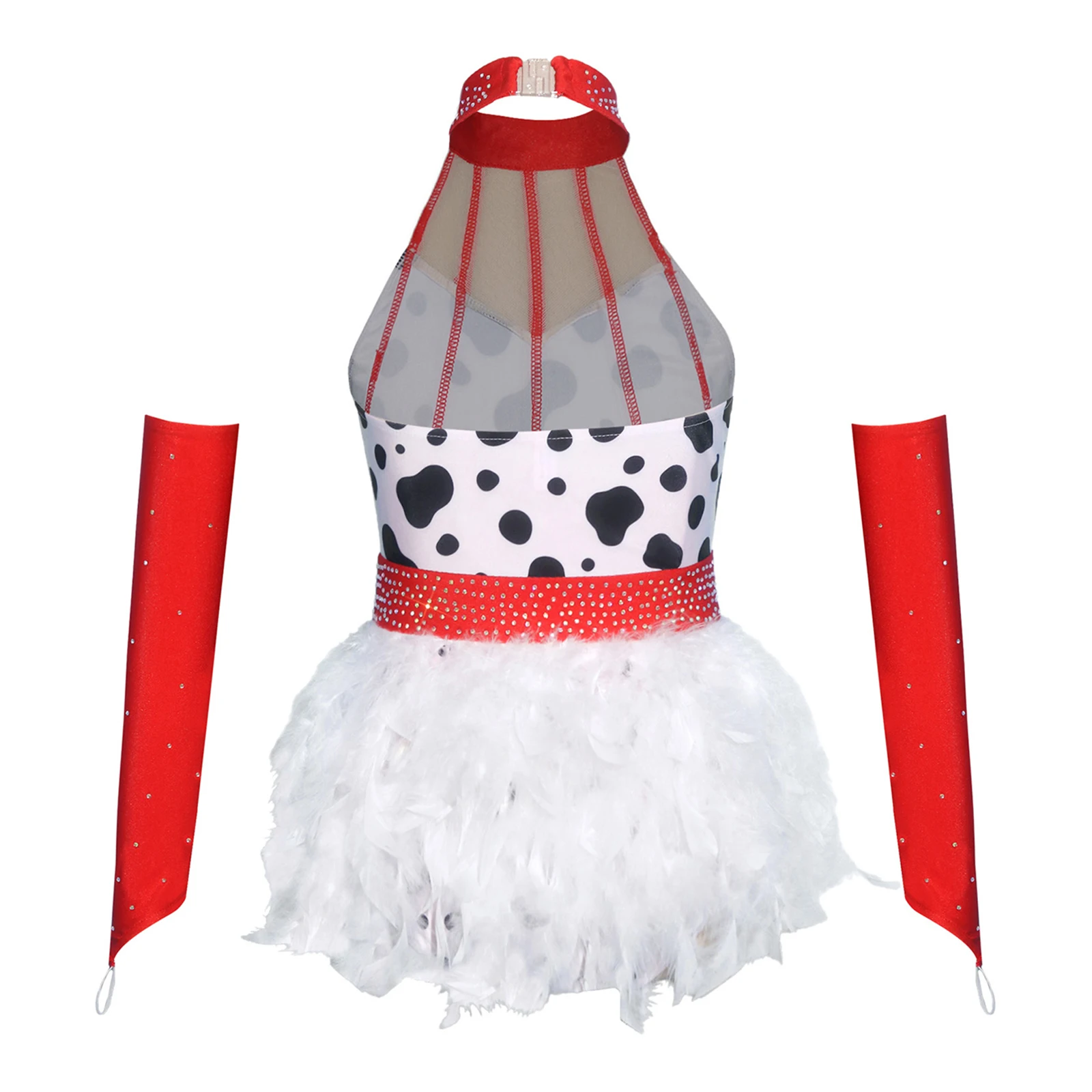 Dalmatian Spotted Costume Kid Girls Rhinestones Ballet Dance Leotards Halter Neck Feather Skirted Jazz Dance Jumpsuit Oversleeve