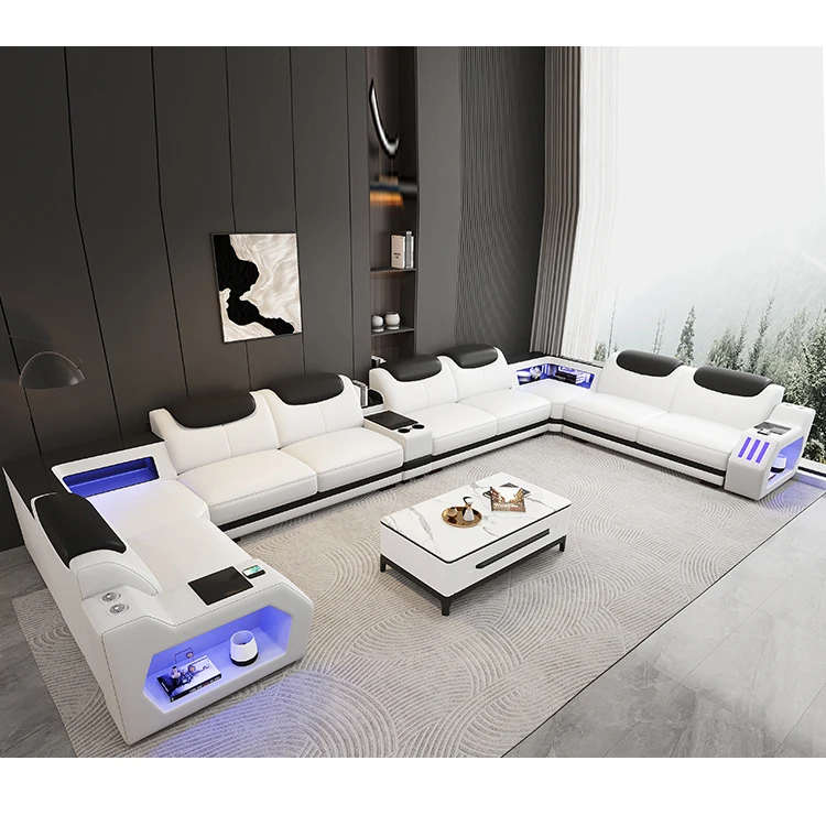 

For Luxury U-Shape Sectional Genuine Leather Villa Sofa LED Light Storage Box Reclining Bed Section Living Room Furniture Sponge