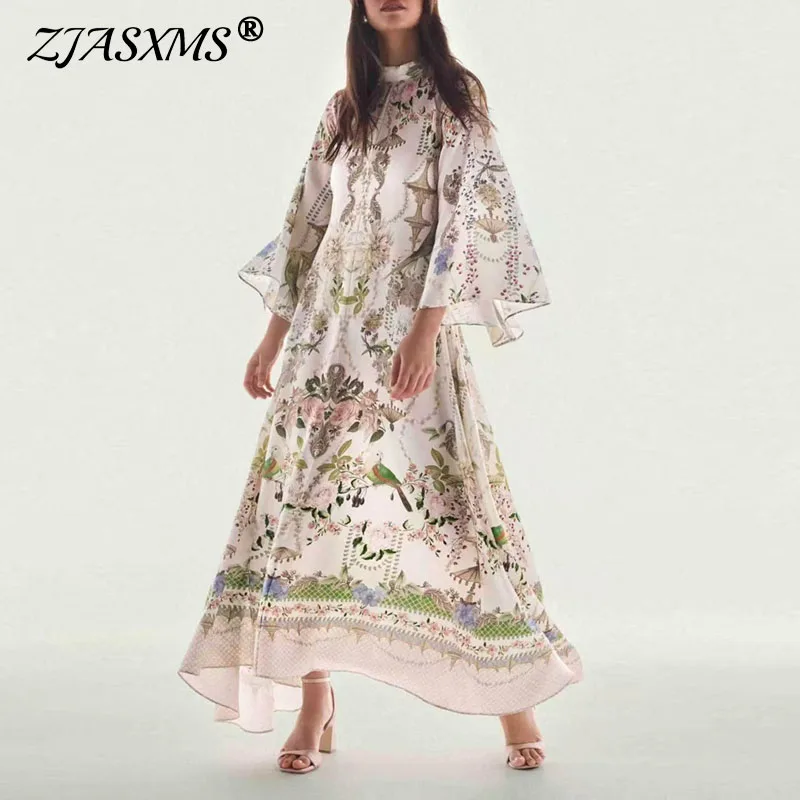 Vintage Floral Print Maxi Dress Women O Neck Flare Long Sleeve Loose A Line Flowy Dress Elegant Holiday Wedding Swing Long Dress