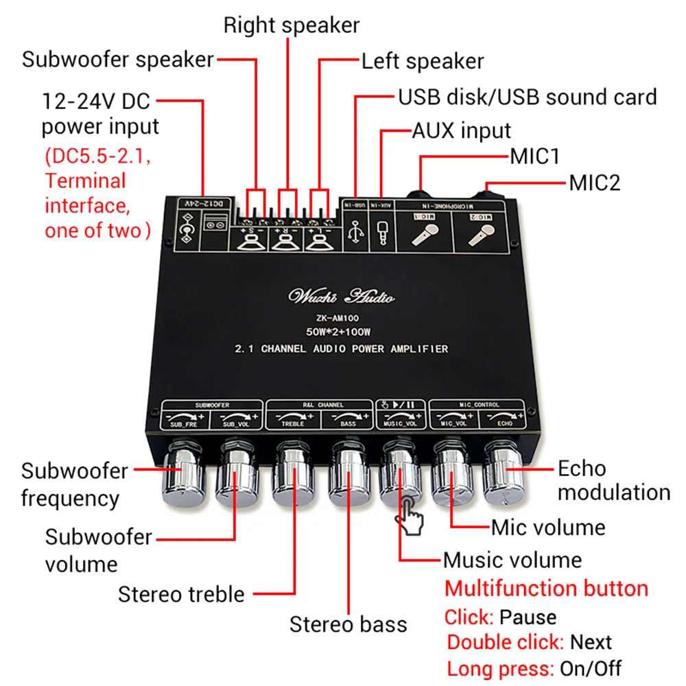 ZK-AM100 Bluetooth-compatible Amplifier Board HiFi Stereo 2.1 TPA3116D2 2X50W+100W Audio Power Amplifier Module