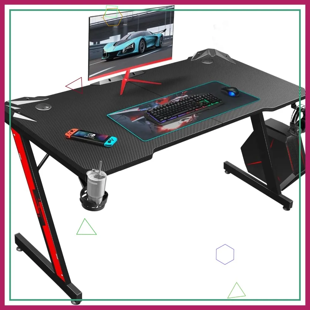 

44 Inch Gaming Desk with Carbon Fiber Surface, Z-Shaped PC Workstation with Cup Holder & Headphone Hook