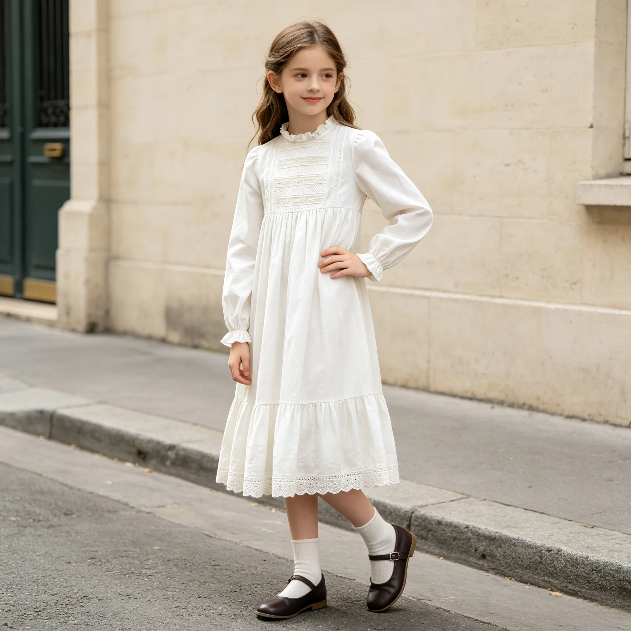 Girls White Cotton Dress Smocked Chest Ruffle Neck Puff Sleeve Lace Hem Vintage French Style Kids 4-12 Years Party Daily Wear
