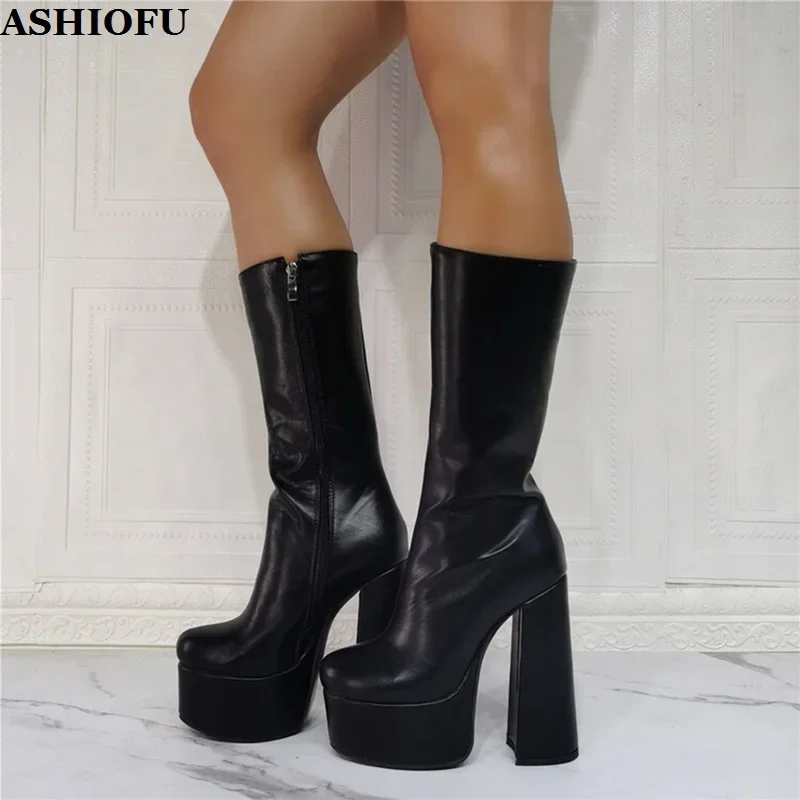 ASHIOFU Real Photos Handmade Womens Chunky Heels Boots Platform Four Colors Night-club Half Booties Evening  Fashion Prom Shoes