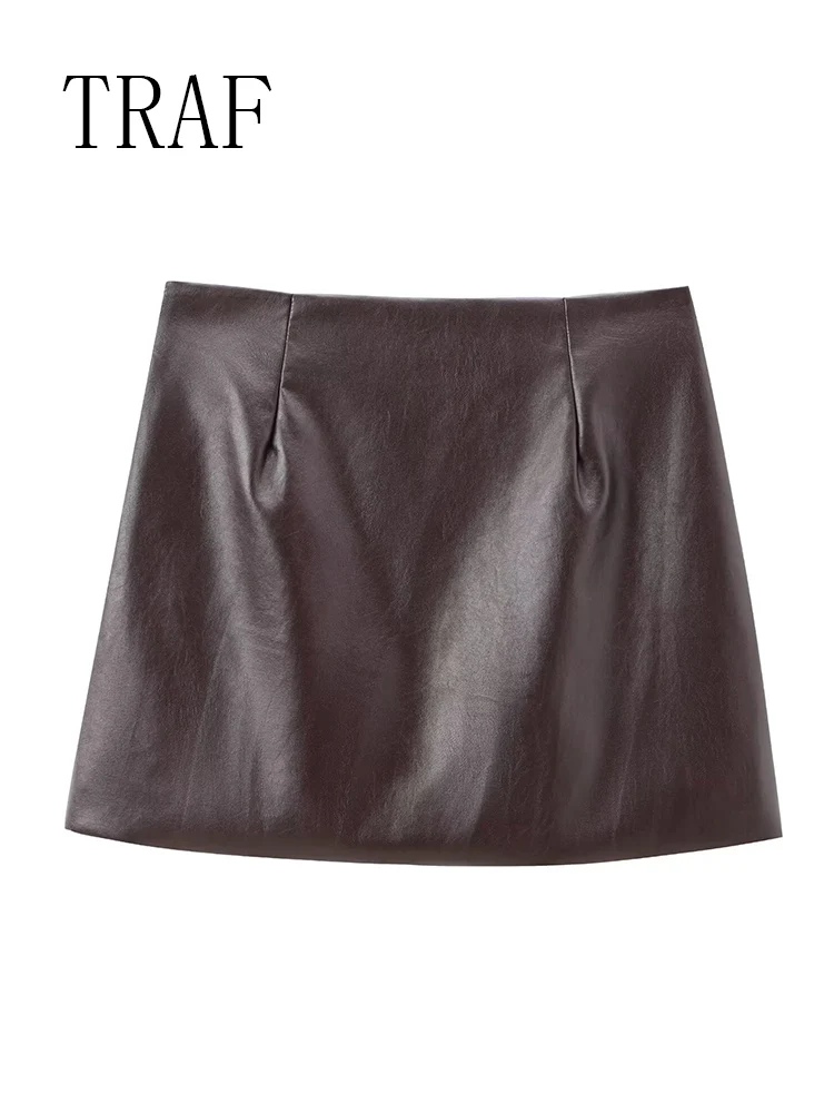 TRAF Autumn Women Faux Leather Skirts 2024 High Waist Elastic Mini Short Skirt Multipurpose For Skater Work Nightclub