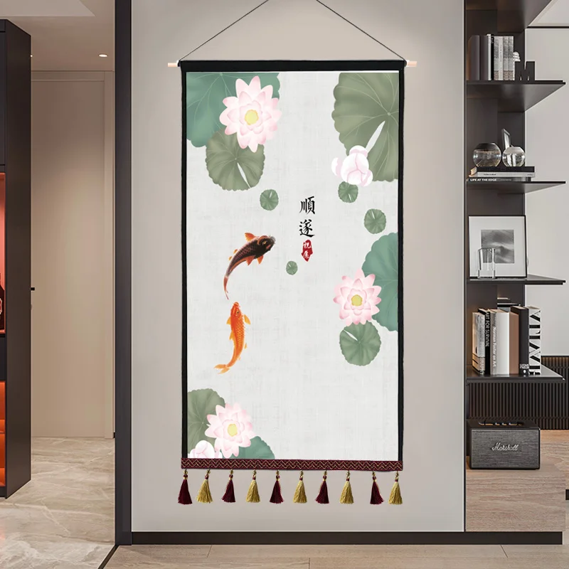 Lotus Fish Persimmon Classic Chinese Elements Hanging Flag Living Tea Room Hanging Painting Auspicious Ruyi Fabric Tapestry