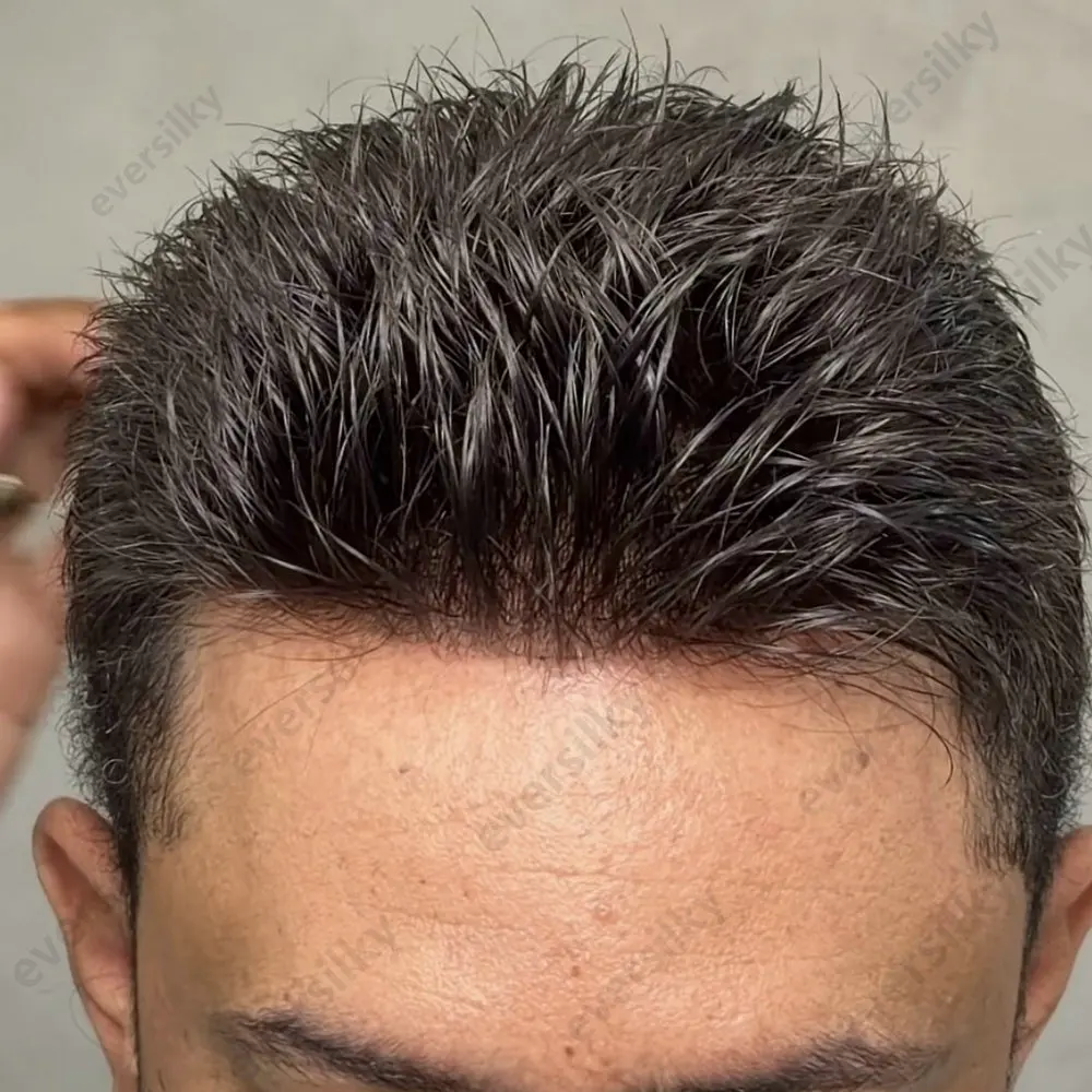 Natürliche Haarlinie Herren-Toupet Dunkelbraunes Echthaar Langlebige Dünne Haut PU-Basis Männliche Perücken Grau Schwarz Haarsystem Prothese – Detail 1