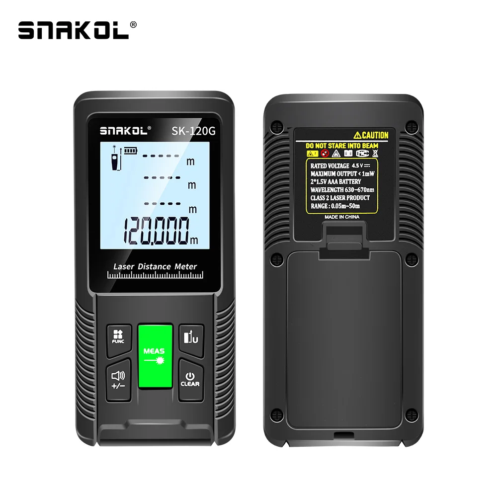 SNAKOL SK-120G Green Digital Laser Tape Measure: High Accuracy Electronic Ruler with Multiple Measurement Modes, Backlit LCD