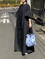 Solid Long Dress For Women Single Breasted Puff Sleeves Minimalist Versatile Female Loose Dresses 2024 Autumn New