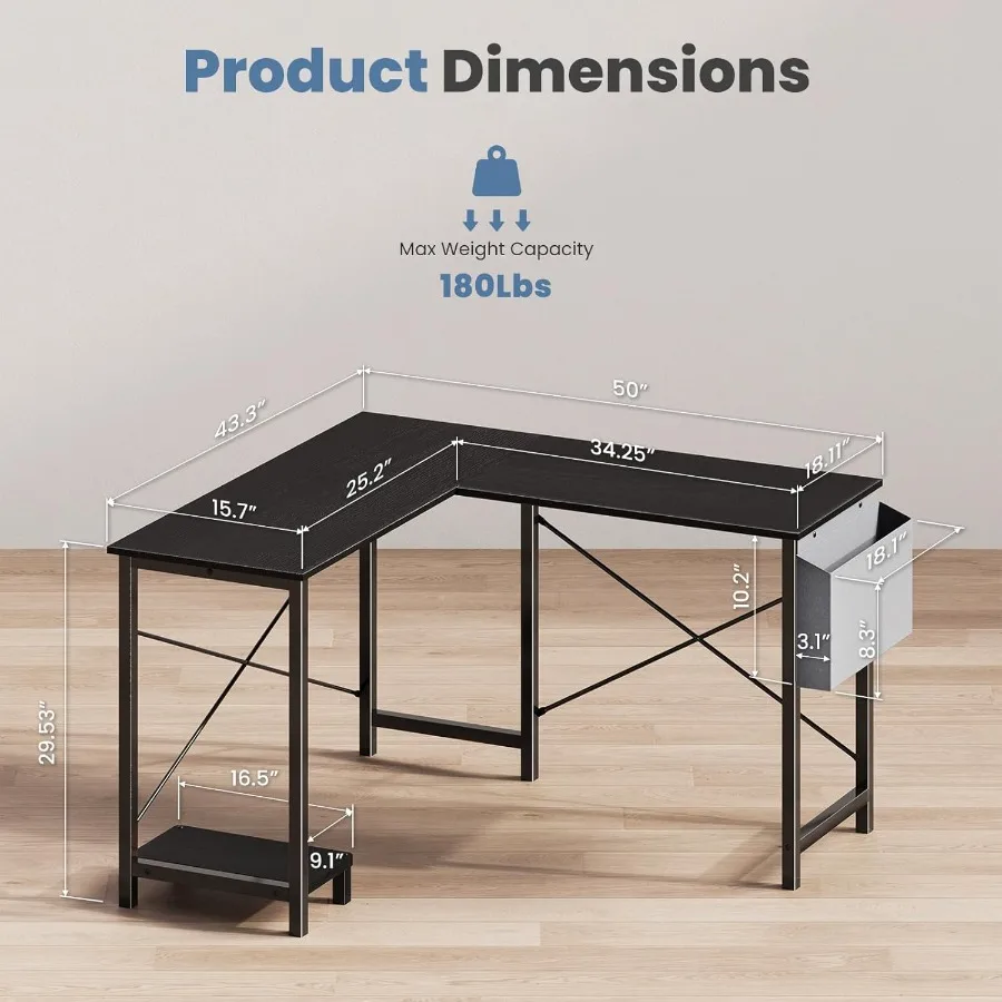 طاولة ركن ألعاب الكمبيوتر المكتبي على شكل حرف L مقاس 50 بوصة للمكتب المنزلي ومحطة عمل للعمل والكمبيوتر الشخصي مع حقيبة تخزين جانبية وحدة المعالجة المركزية St #3