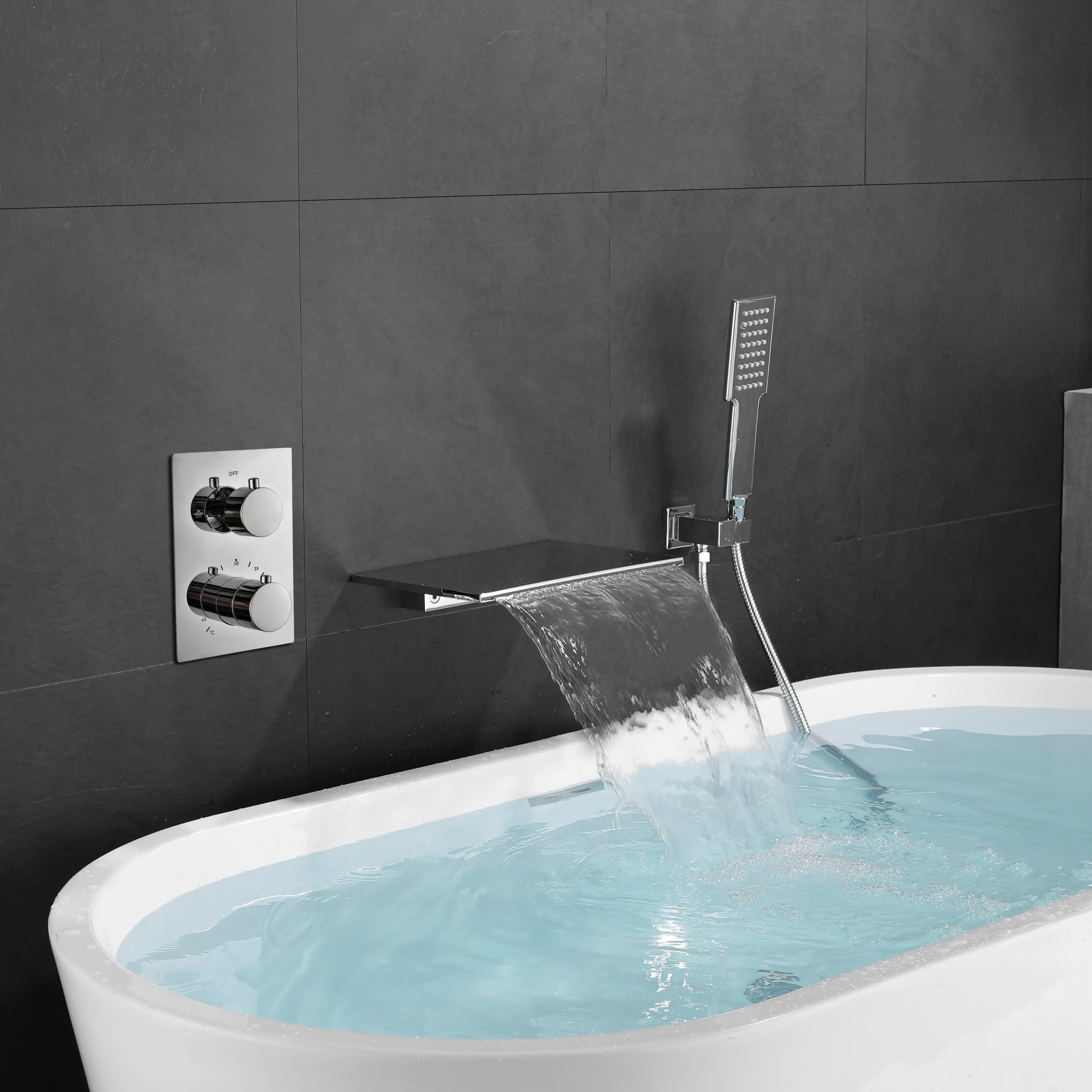 New Embedded Wall-mounted Bathtub Tap, Elegant Gold Finish, Waterfall Flow, Includes Handheld Showerhead, Temperature Control