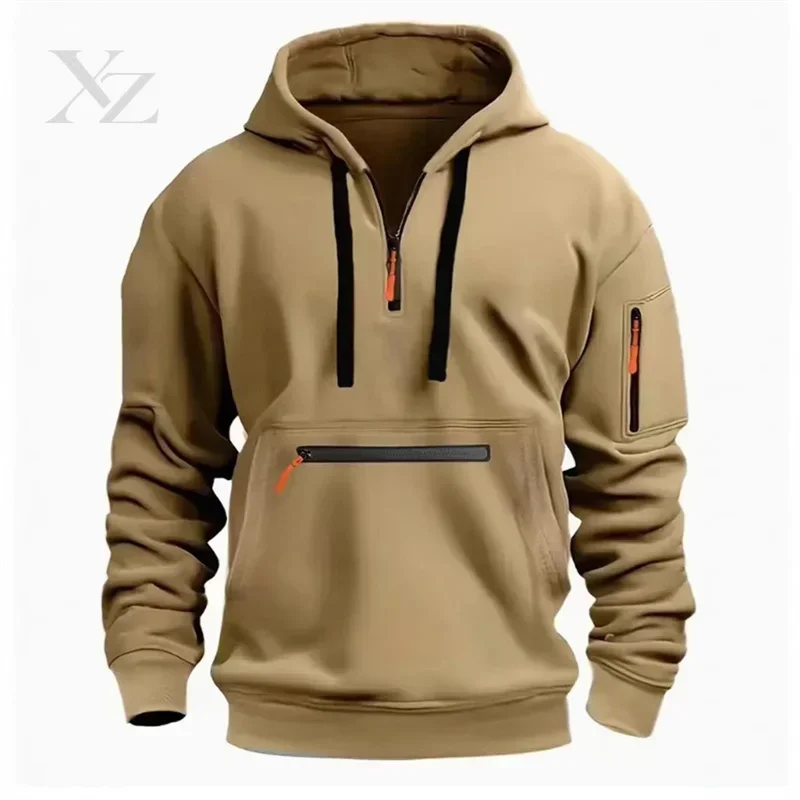Men's Half-Zip Hooded Sweatshirt, Multi-Pocket Outdoor Workwear Pullover Top, Casual Sports, 5 Colors