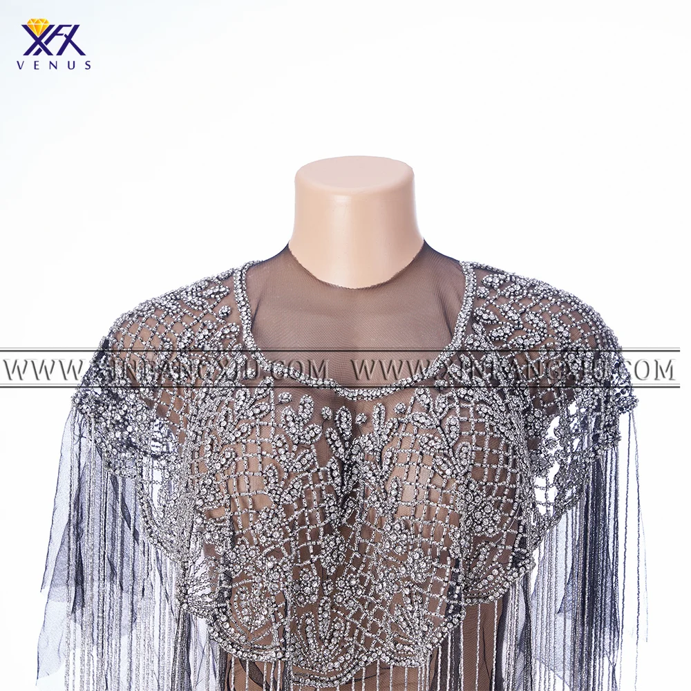 XFX VENUS 1 PCS Silver Hand Custom Made Beaded Sew on Rhinestones Sequins Beads Patches Black Grid Appliques for Wedding Bodice