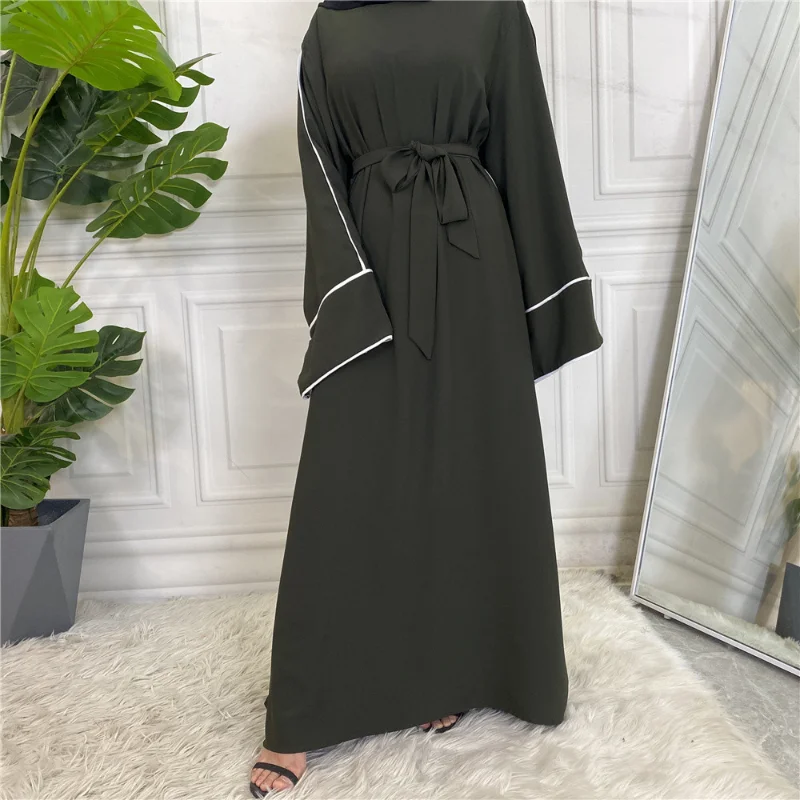 

Women's Lace Up Slim Fit Muslim Abaya, Monochromatic, White Edge, Middle East, Dubai, Turkey, New, 2022