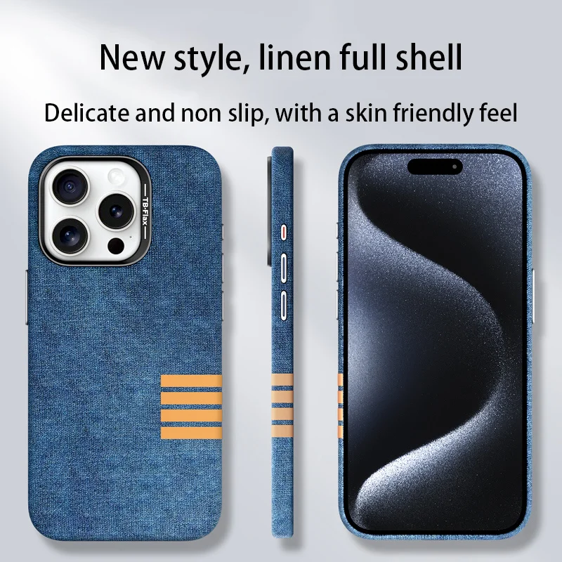 For Strong Magnetic Linen Pattern Phone Case For iPhone 15 14 13 12 Pro Max 15 14 Plus Metal Lens Shockproof Back Cover