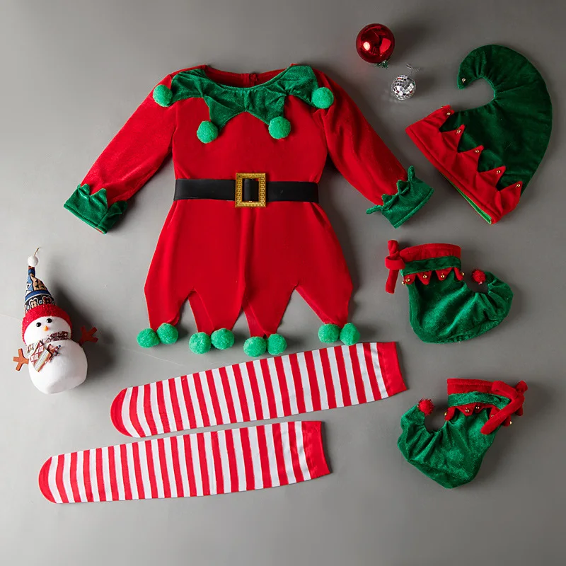 Christmas Santa Claus Elf Cosplay Costume for Girls Red Green Dresses Xmas Party Clothes Hat Socks Shoes