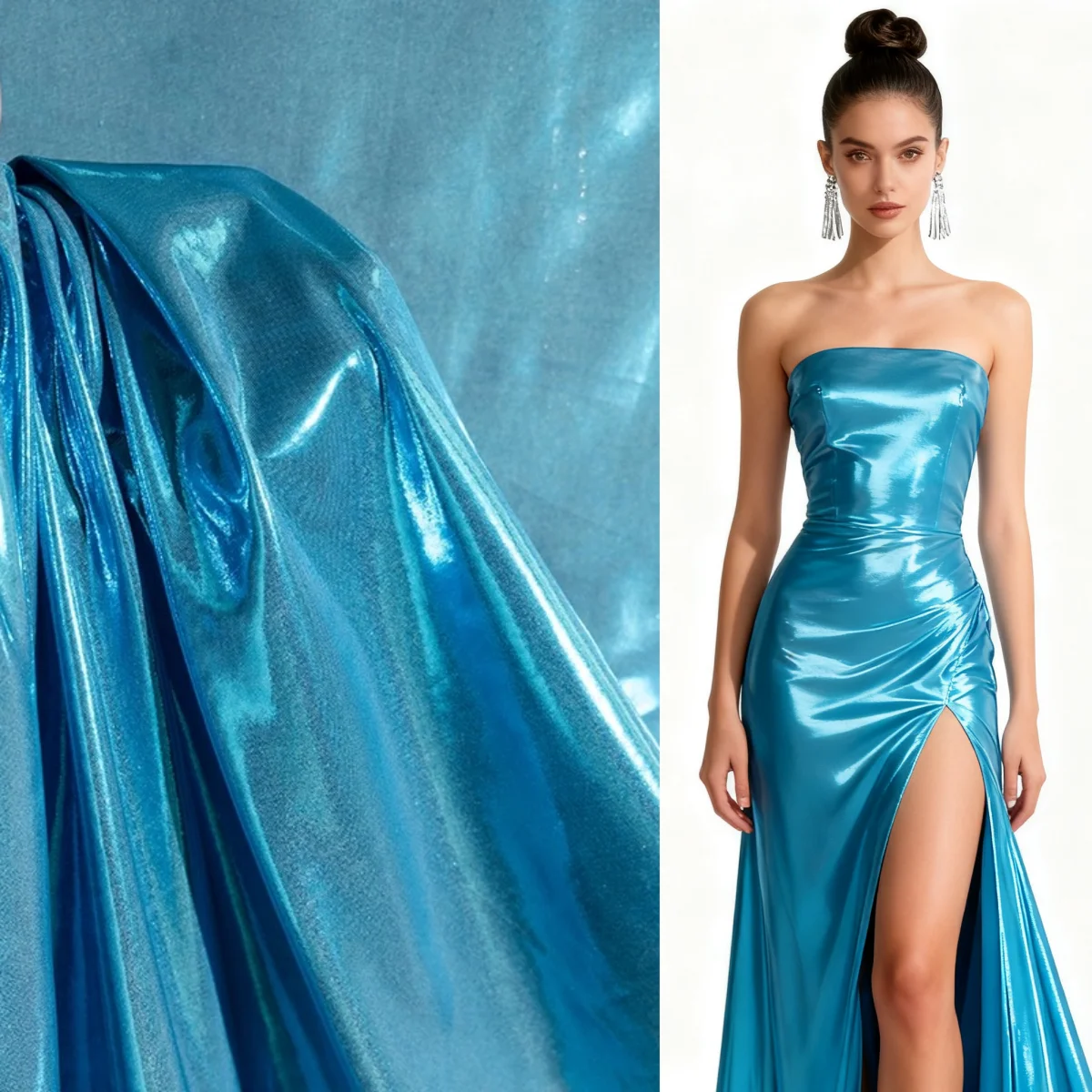 

Sky blue metallic texture fabric with liquid mirror gloss soft and hanging elastic knitting decoration and dress sewing fabric