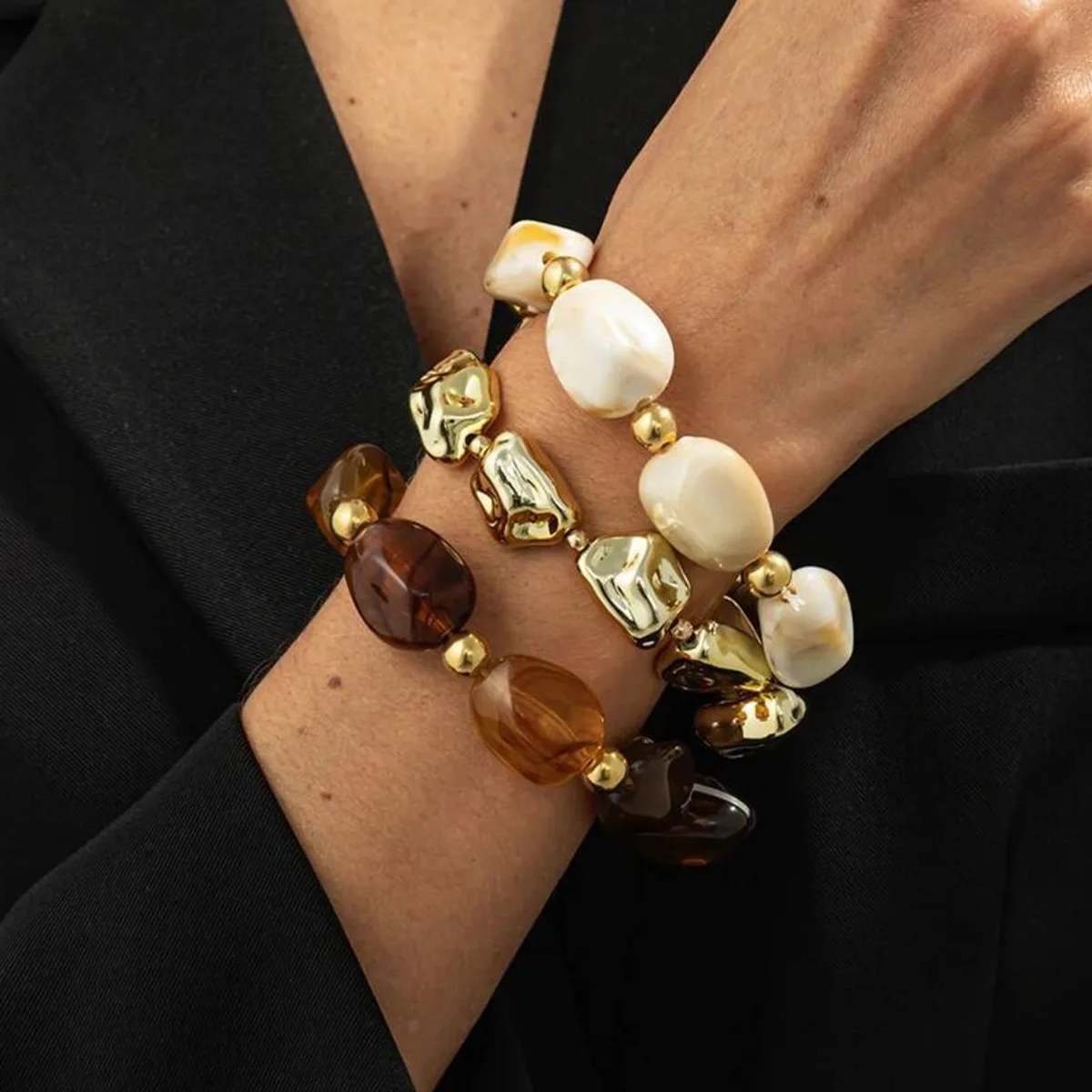 

KunJoe 3Pcs/Set Vintage Resin Acrylic Beaded Bracelets for Women Luxury Irregular Stackable Elastic Bangle Party Jewelry Gift