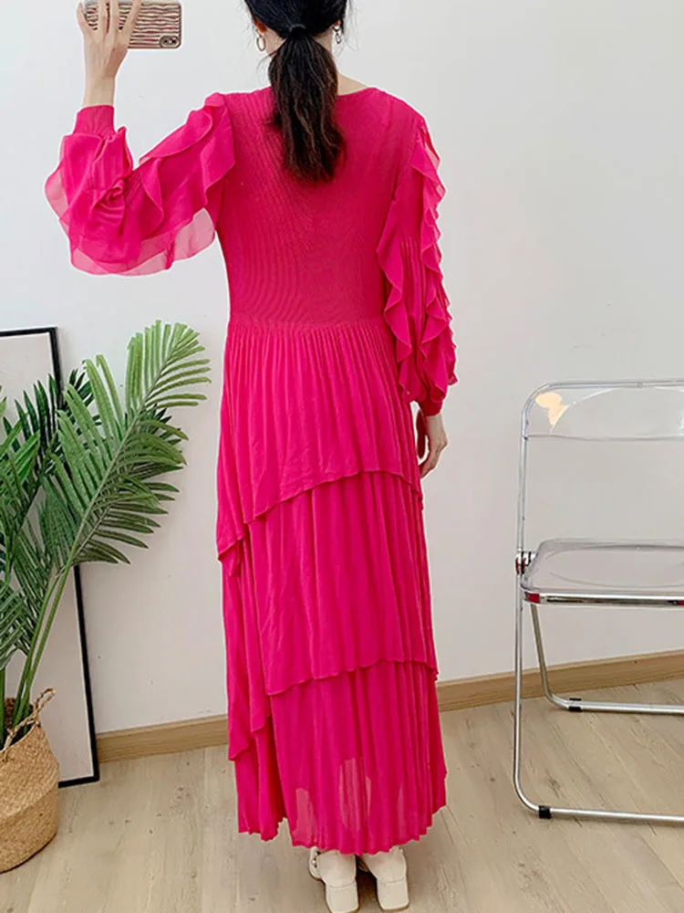 GVUW Pleated Spliced Lace Dress For Women 2024 Spring New O-neck Long Sleeve Fashion Solid Color Evening Dresses Female 2DA2616