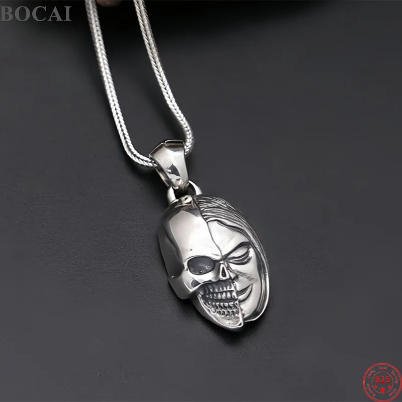 

BOCAI NEW S925 Sterling Silver Charms Pendant for Men Women Antique Half-face Half-Skull Charm Amulet Fine Choice Jewelry