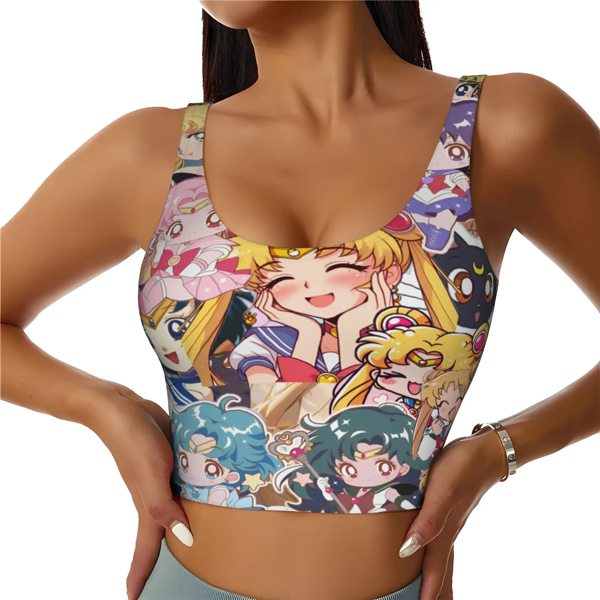 Custom Sailors Anime Moons Sports Bra Women Usagi Tsukino High Impact Workout Yoga Crop Top