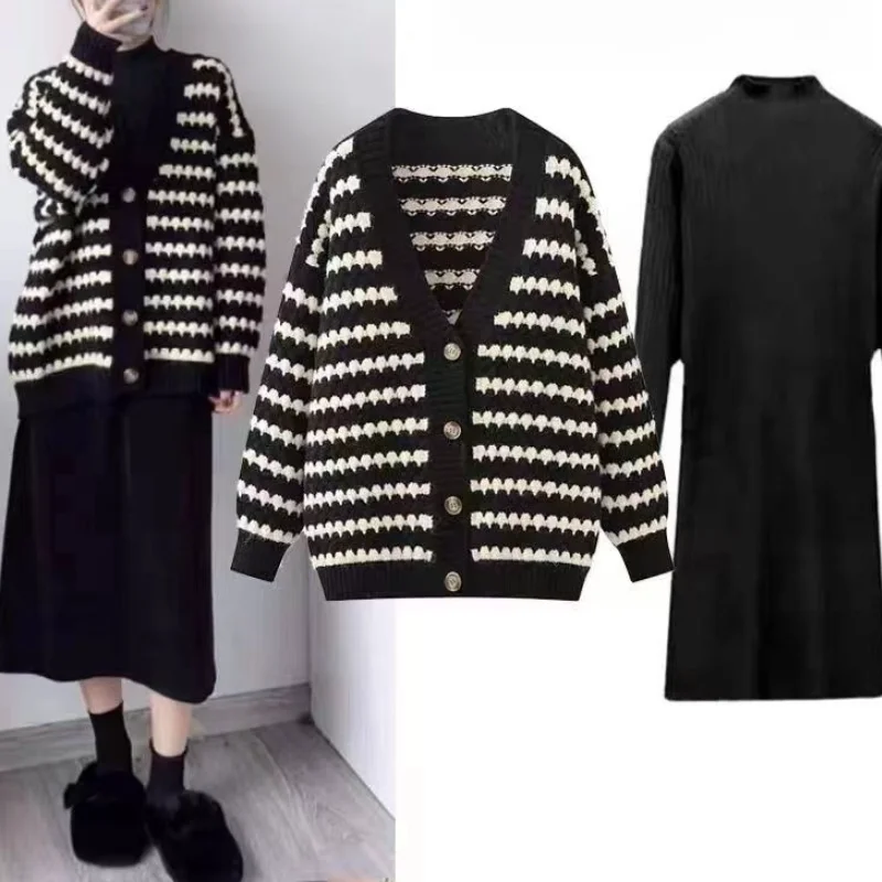 V-neck Autumn Winter Warm Black/White Stripe Knit Cardigan Women Chic All-Match Elegant Sweater Casual Vintage Office Lady Coat