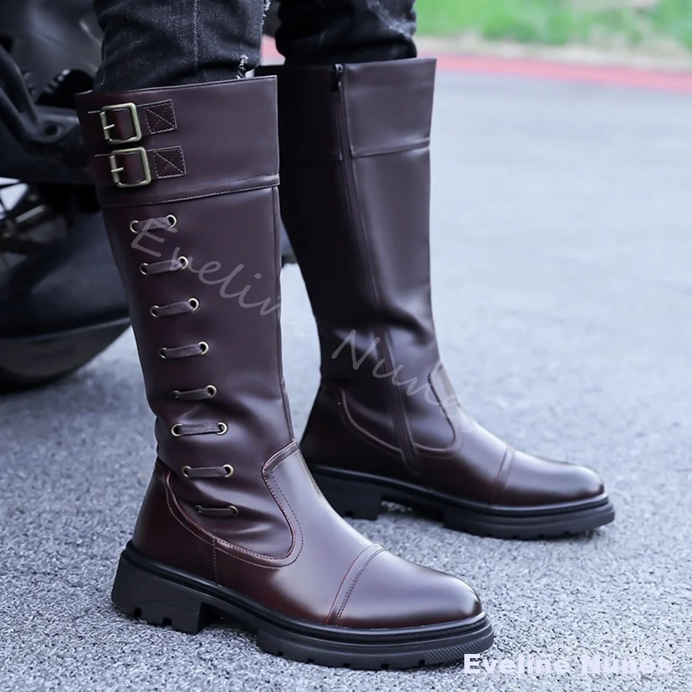 Men Dark Brown Knee High Boots Double Buckle Side Zipper Faux Leather Combat Boots Vintage Punk Motorcycle Riding Tall Boots
