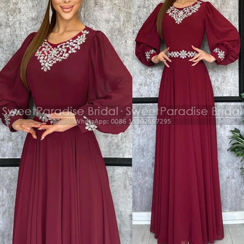 Customized A Line Mother of the Bride Dresses With Long Sleeves Burgundy Chiffon Rhinestone Beaded Jewel Neck Evening Dress