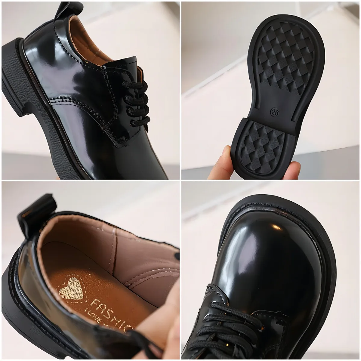 Children Leather Shoes for Boys Girls Thick Sole Lace-up Kids School Leather Shoes for Wedding Party Show British Style Black