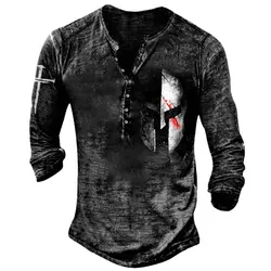 Men's T-Shirt Outdoor Warrior Print T-Shirt Henley Shirt Vintage Style Long Sleeve Shirt, Men's Clothing L-5XL