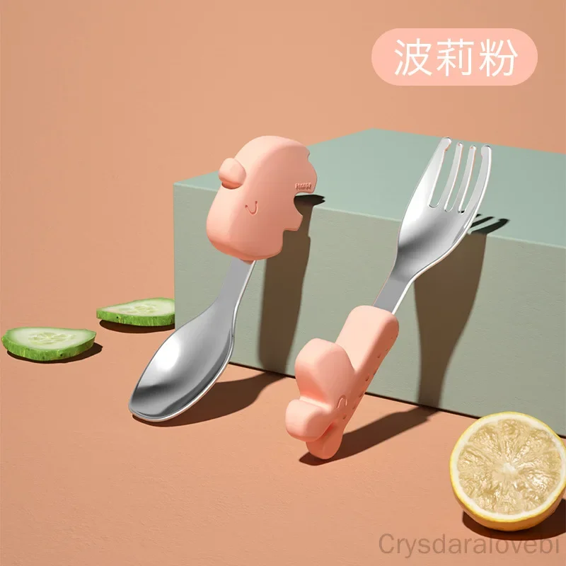 1setElephant Short Fork Spoon Set baby Training Learning To Eat Spoon Stainless Steel Children Complementary Food Tool Tableware
