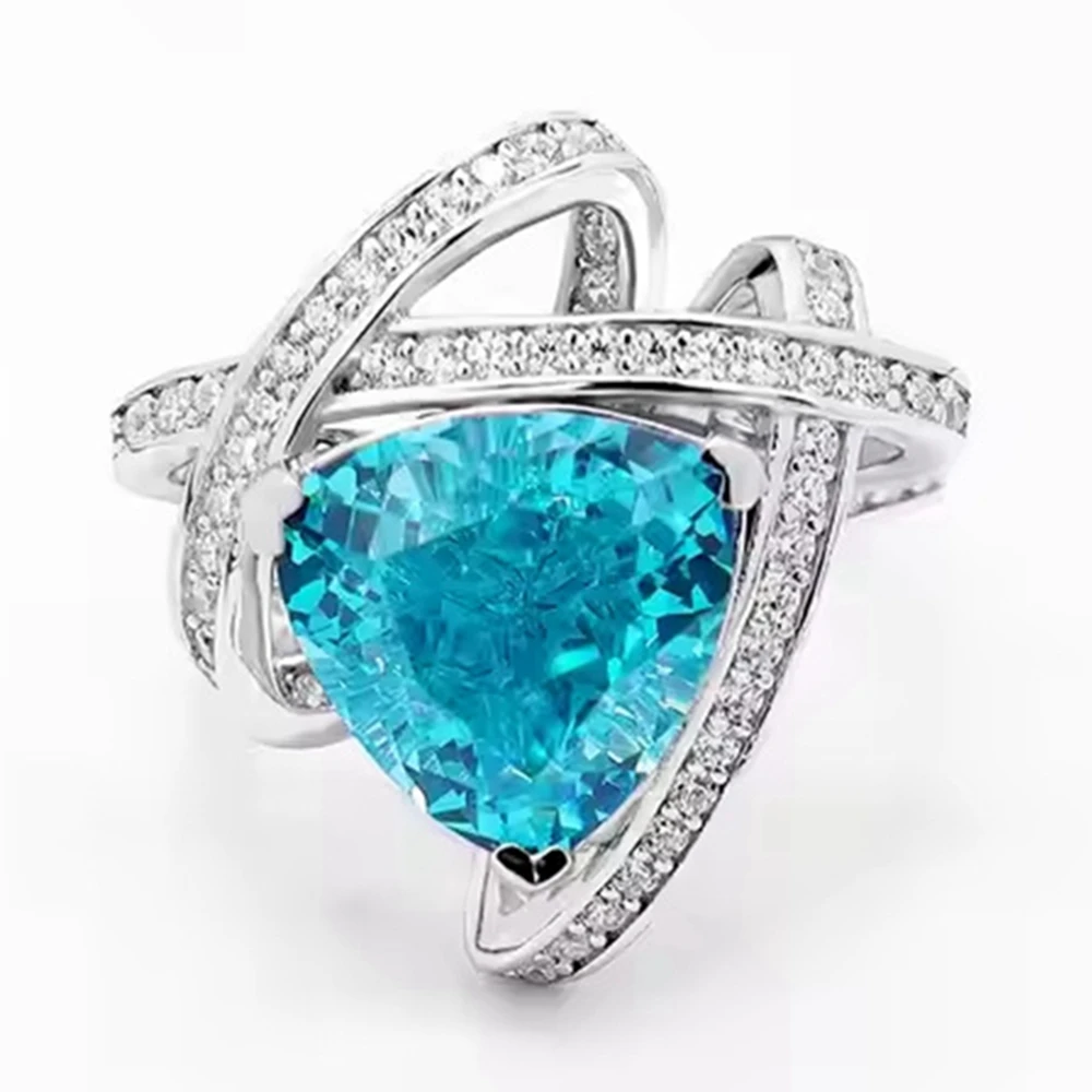 Wong Rain Vintage 925 Sterling Silver Triangle Paraiba Tourmaline High Carbon Diamond Gemstone Ring Fine Jewelry Engagement Gift