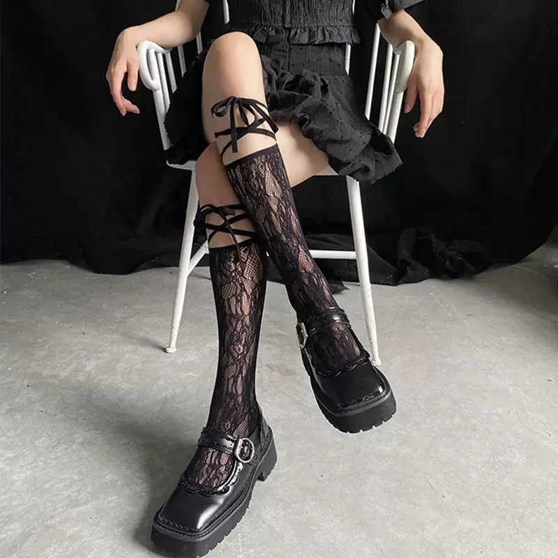 Harajuku Lace Knee Socks with Ties Girls Street Split Toe Strappy Fishnet Stockings Cool JK Women Japanese Lolita Long High Sock