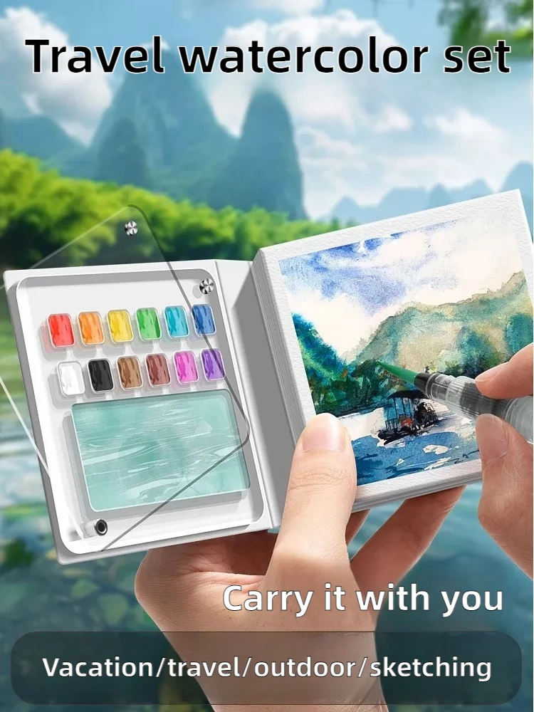 صينية صغيرة محمولة 50 ورقة كراسة رسم بألوان مائية متوسطة السمكة مع لوحة صينية طلاء أدوات مكتبية فنية للوازم المدرسية