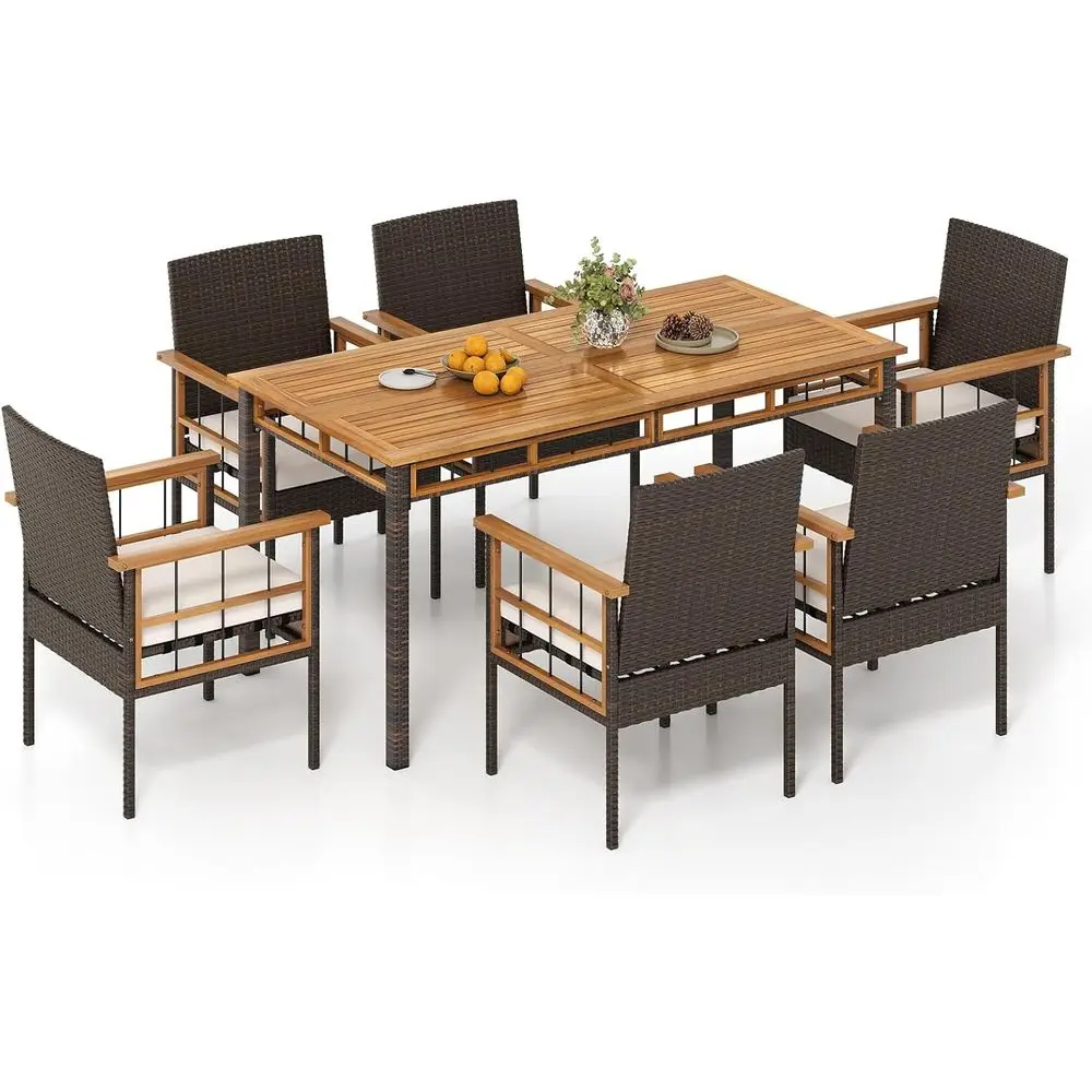 

7-Piece Outdoor Wicker Patio Dining Set with Acacia Wood Table and Cushioned Chairs