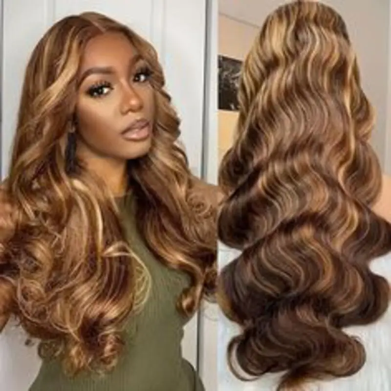 Body Wave 4/ 27 Highlight 13x4 Lace Frontal Human Hair Wigs 250 Density Pre-Plucked Hairline Wig With Baby Hair For Women